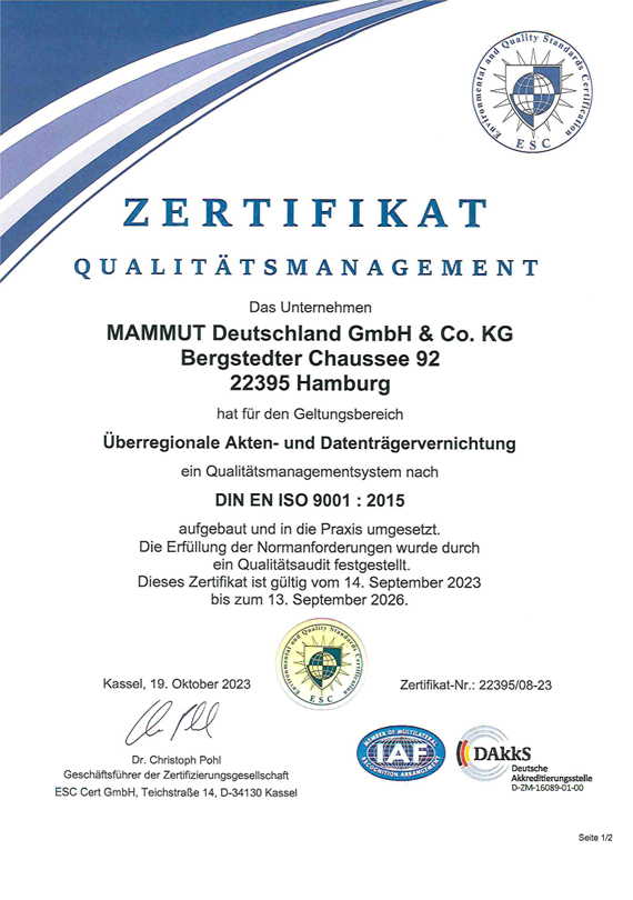 DAkkS Zertifikat MAMMUT Deutschland - DIN EN ISO 9001 Qualitätsmanagement